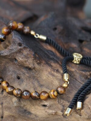 18K Gold Plated Gemstone Black String Bracelet - Tiger Eye