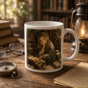Tazza bianca lucida "Elarin elfa dei libri perduti"